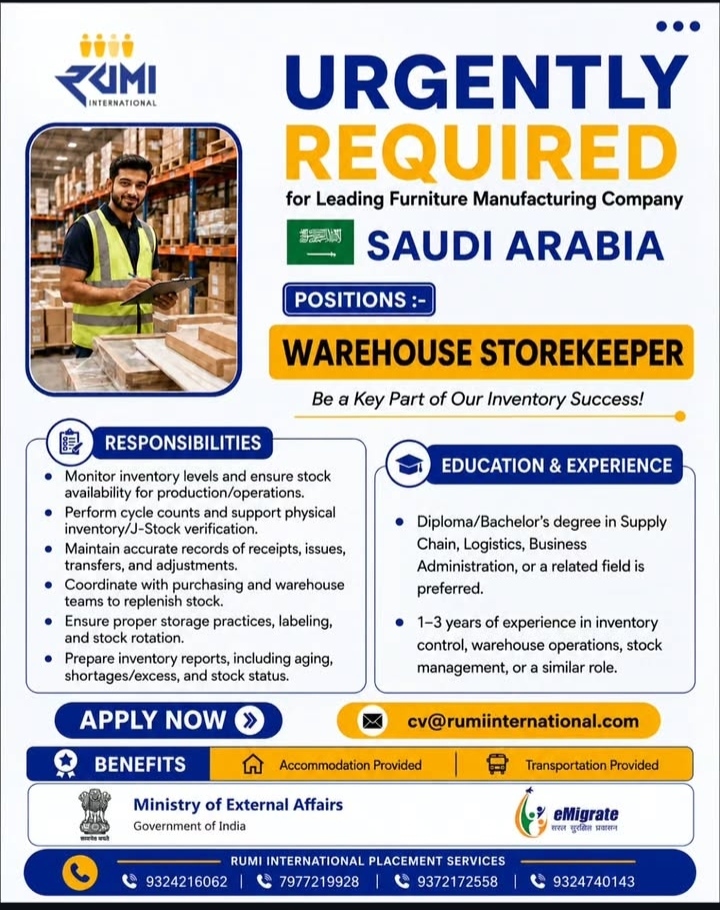 Job Opening: Warehouse Storekeeper in Saudi Arabia