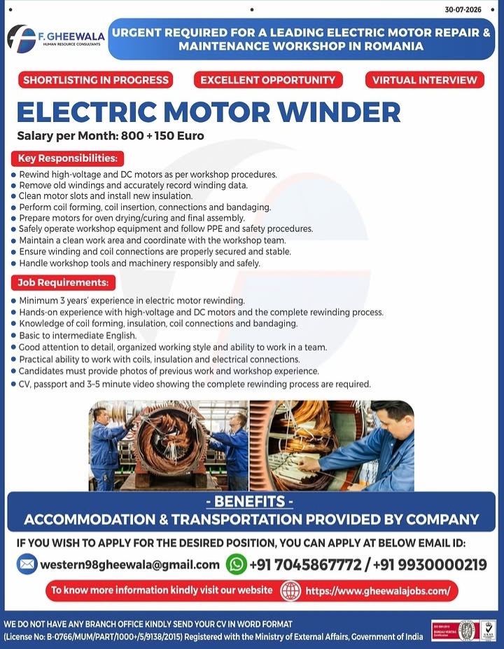 Job Opportunity: Electric Motor Winder in Romania