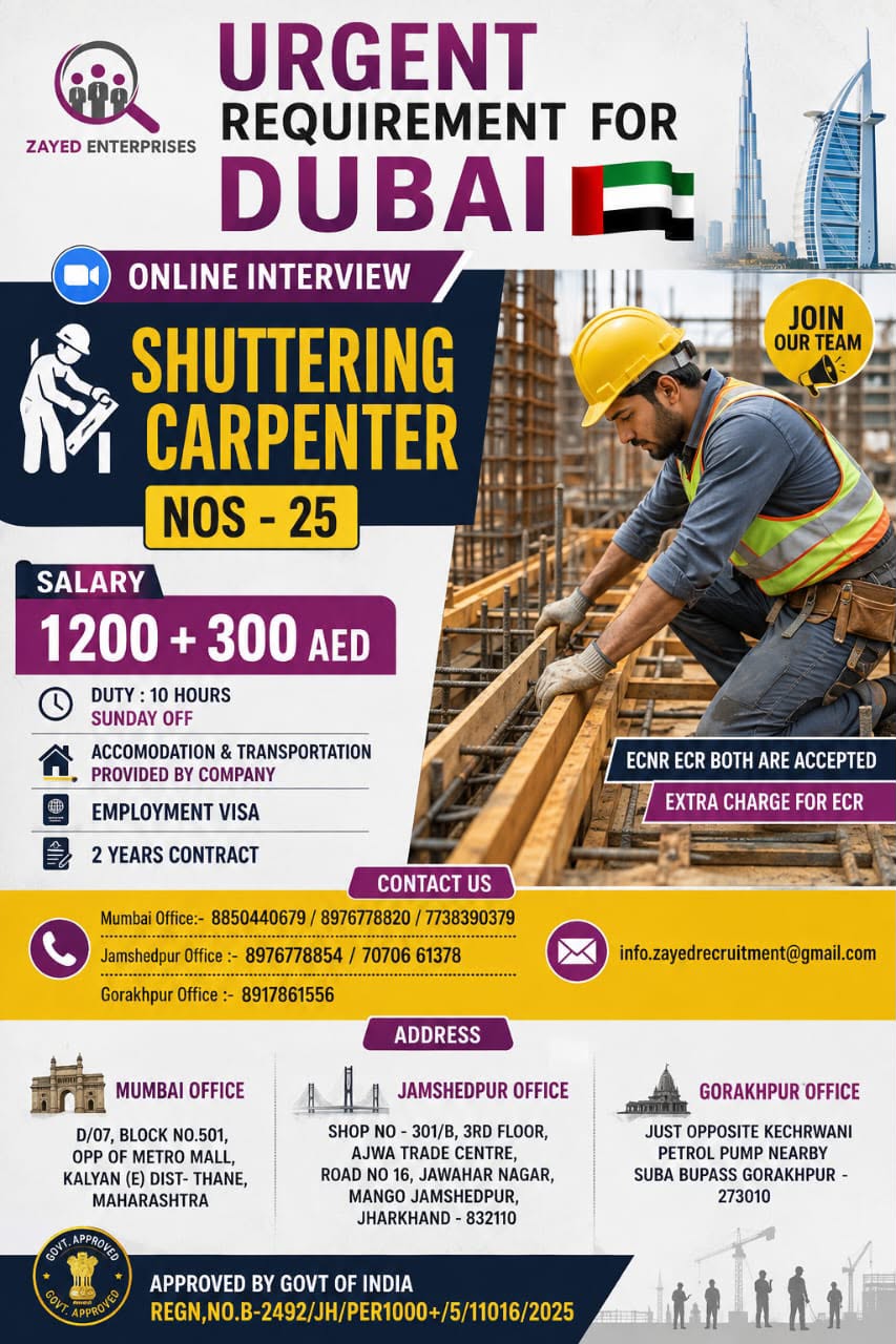 Job Poster: Urgent Recruitment for Shuttering Carpenters in Dubai