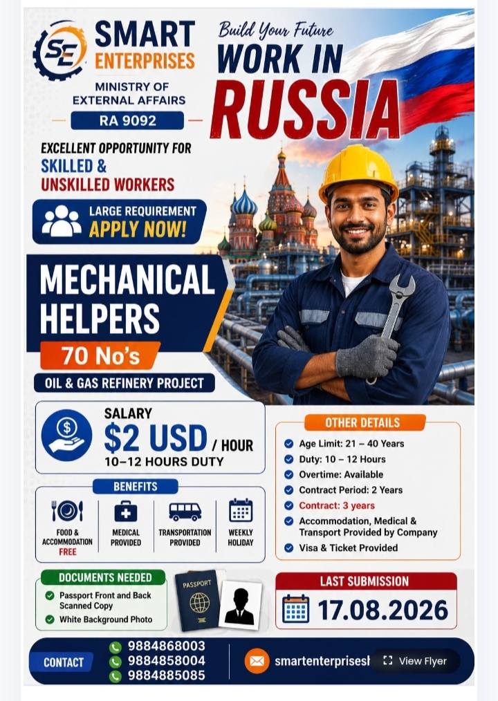 Job Recruitment Flyer for Mechanical Helpers in Russia