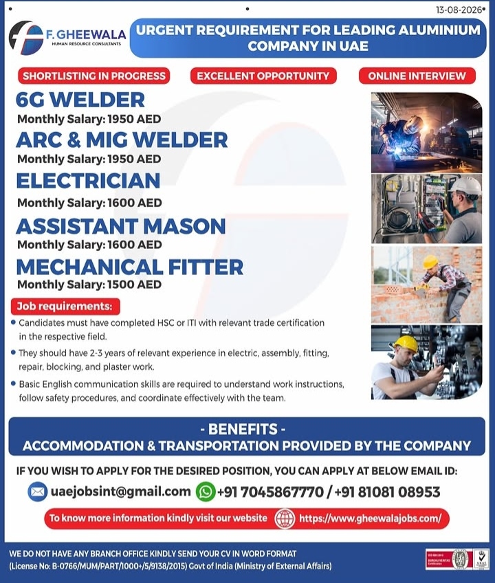 Job Vacancies: Aluminium Company in UAE (F. Gheewala Consultants)
