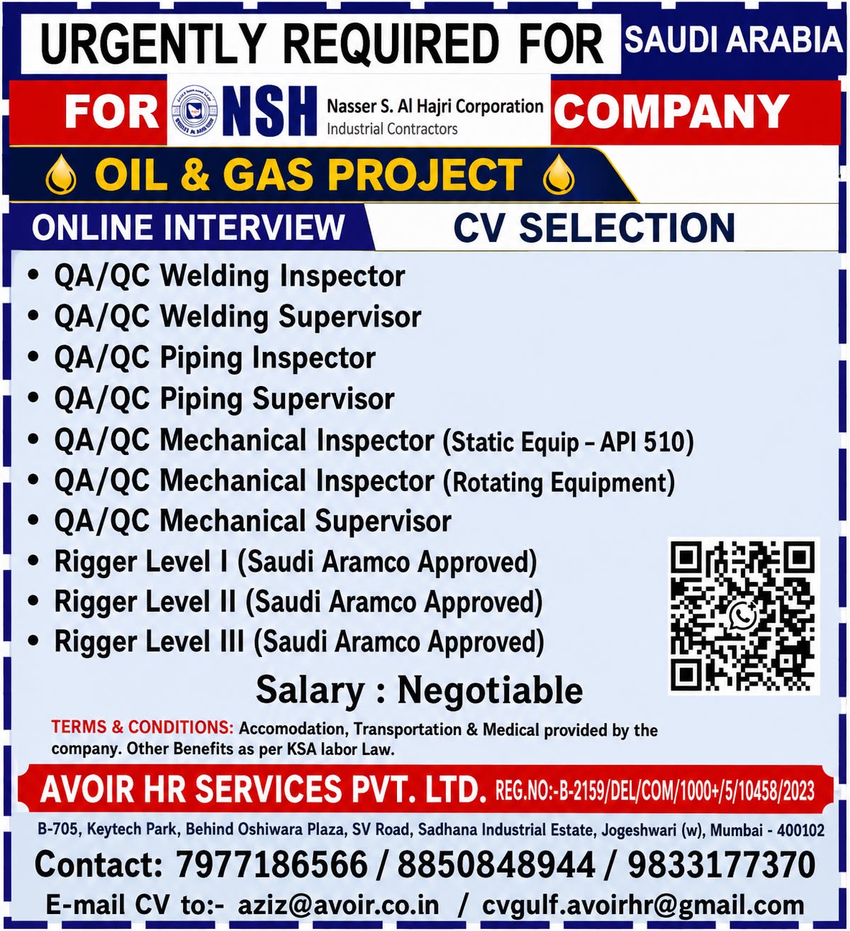 Job Vacancies for Saudi Arabia Oil & Gas Project - Avoir HR Services