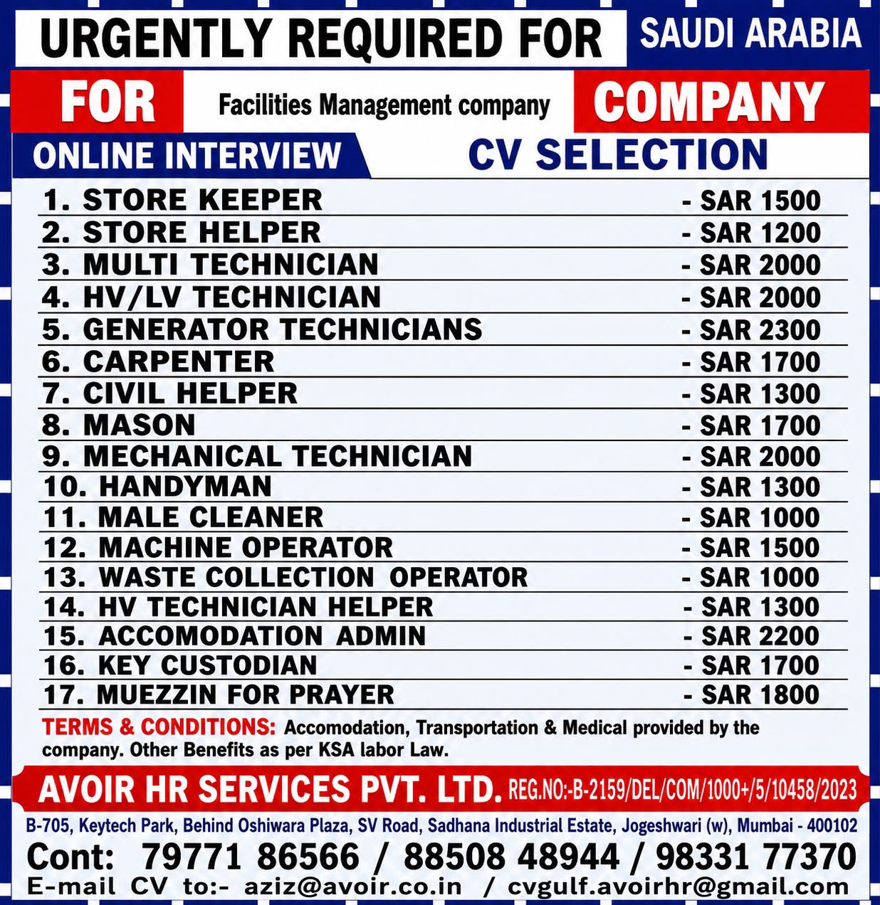 Job Vacancies in Saudi Arabia for a Facilities Management Company