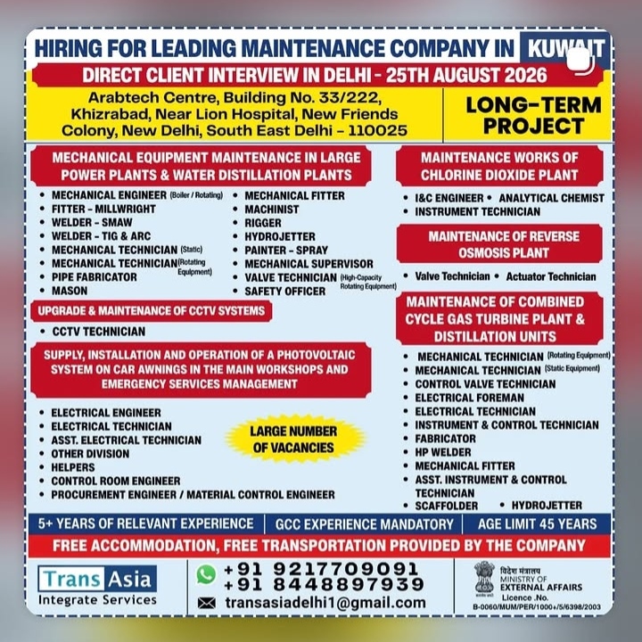 Job Vacancy Advertisement: Maintenance Roles in Kuwait