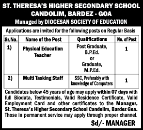Job Vacancy Notification: St. Theresa’s Higher Secondary School, Goa
