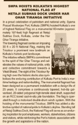 Kolkata’s Highest National Flag Hoisted at Netaji Subhas Dock