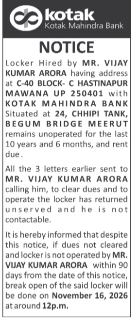 Kotak Mahindra Bank Public Notice Regarding Unoperated Locker