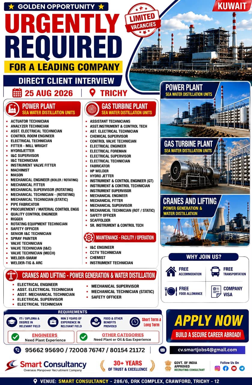 Kuwait Job Vacancies: Direct Client Interview in Trichy