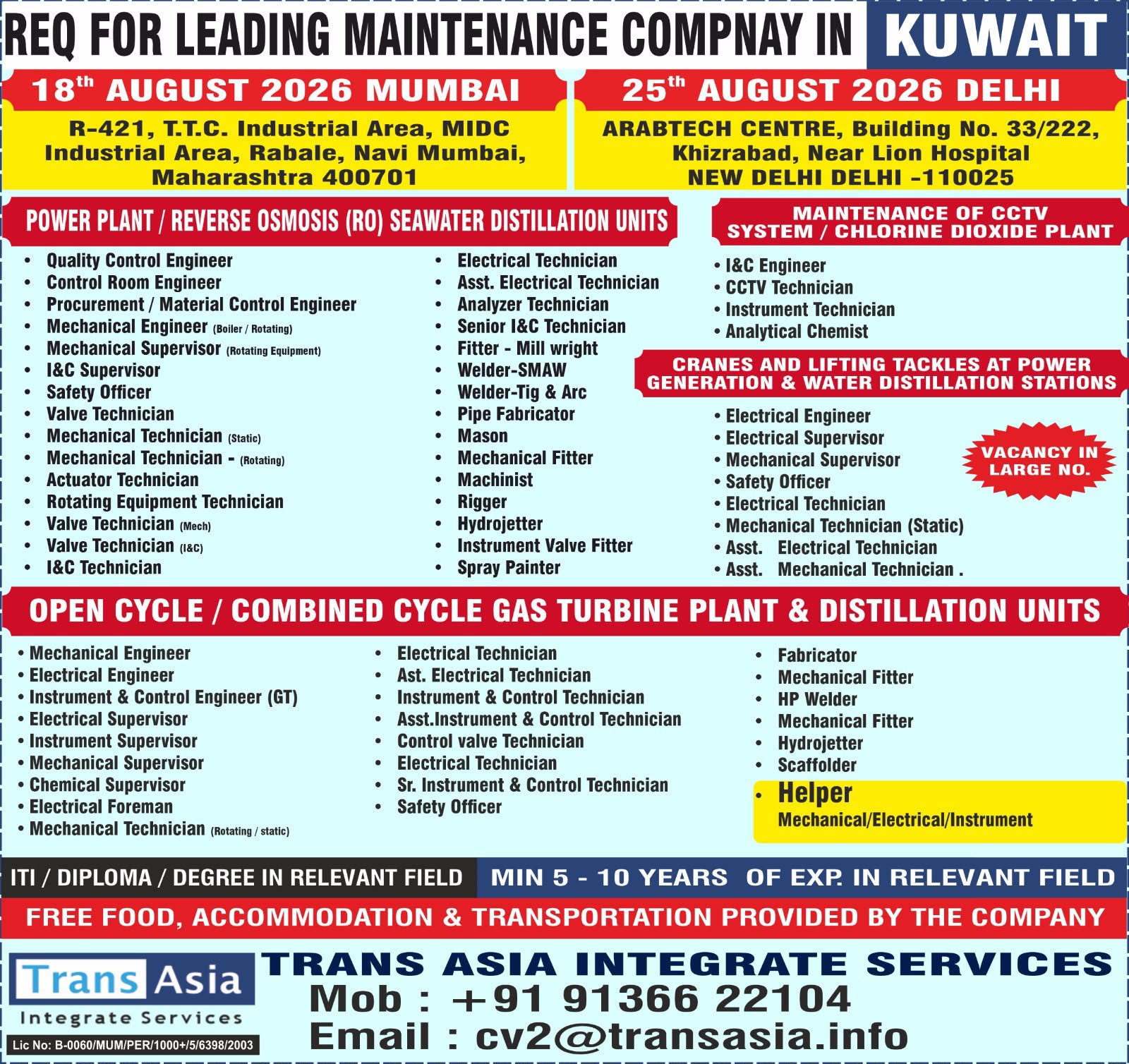 Kuwait Maintenance Company Job Recruitment 2026