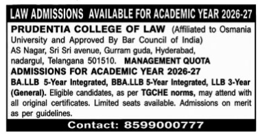 Law Admissions Open for Prudentia College of Law (2026-27)