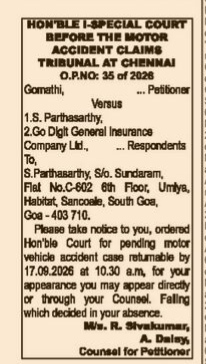 Legal Notice: Motor Accident Claims Tribunal (Chennai) - O.P. No. 35 of 2026