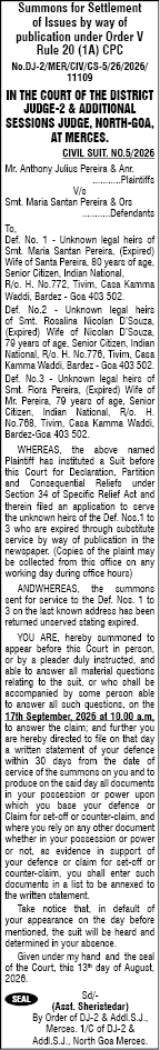 Legal Notice: Summons for Settlement of Issues by Way of Publication (Civil Suit No. 5/2026, North Goa)