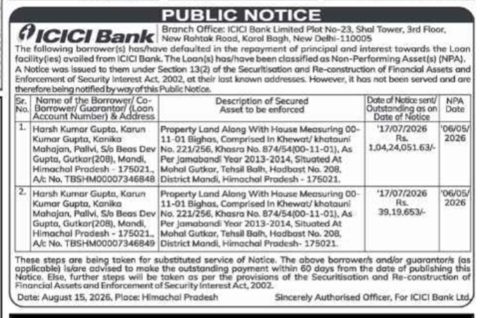 Legal Public Notice for Outstanding Loan Recovery