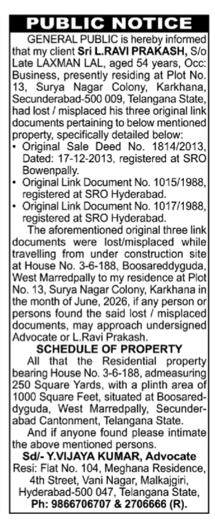 LOST OF ORIGINAL PROPERTY DOCUMENT
