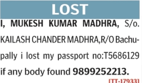 Lost Passport Notice – Mukesh Kumar Madhra