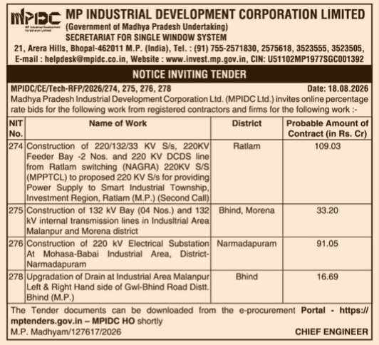 Madhya Pradesh Industrial Development Corporation Limited Notice Inviting Tender (August 2026)