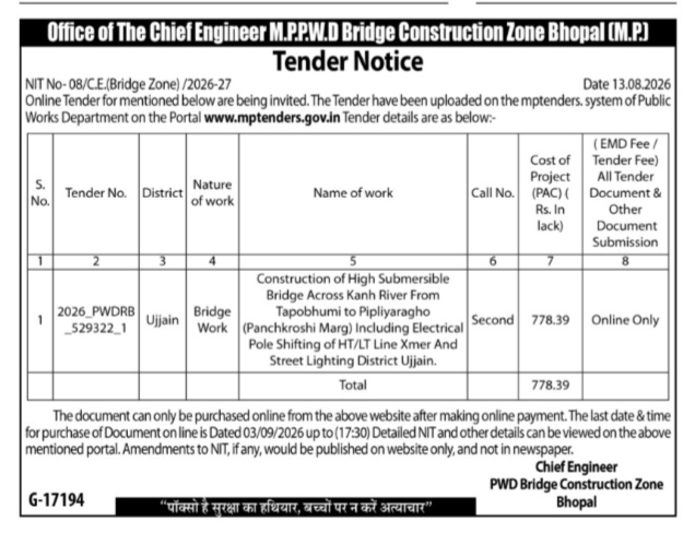 Madhya Pradesh Public Works Department (M.P.P.W.D.) Bridge Construction Zone Bhopal Tender Notice