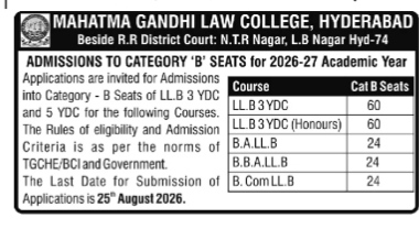 Mahatma Gandhi Law College Admissions 2026-27