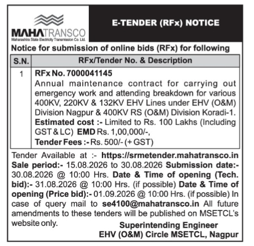MAHATRANSCO Nagpur E-Tender Notice 2026
