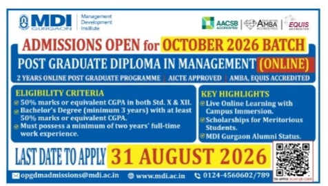MDI Gurgaon Online PGDM Admissions Open for October 2026 Batch.