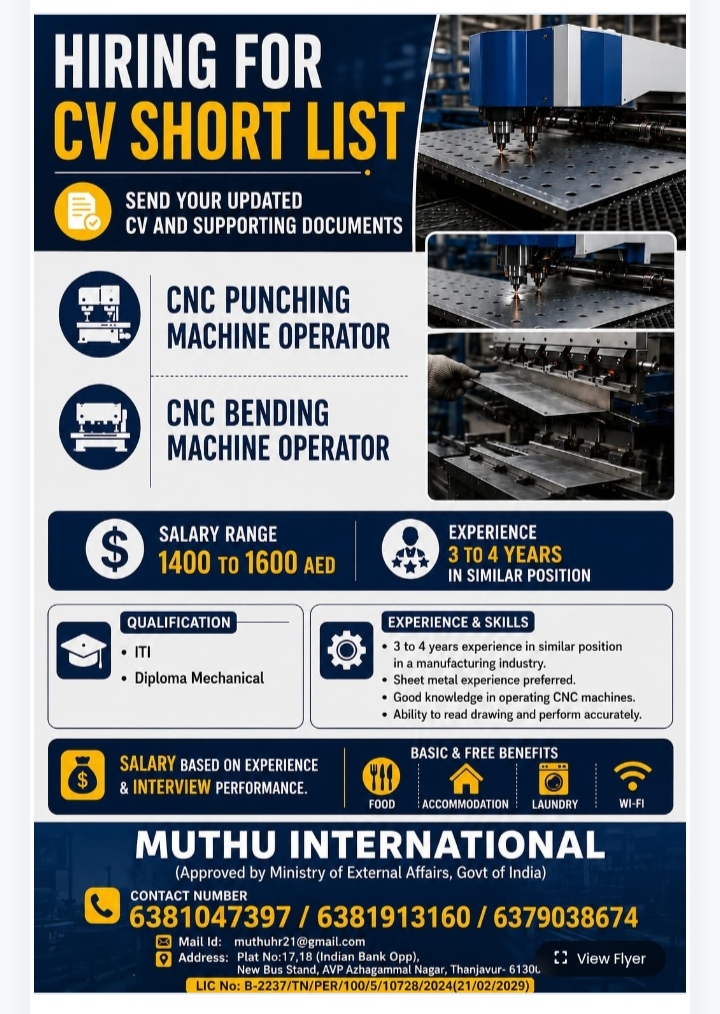 Muthu International CNC Machine Operator Recruitment Flyer