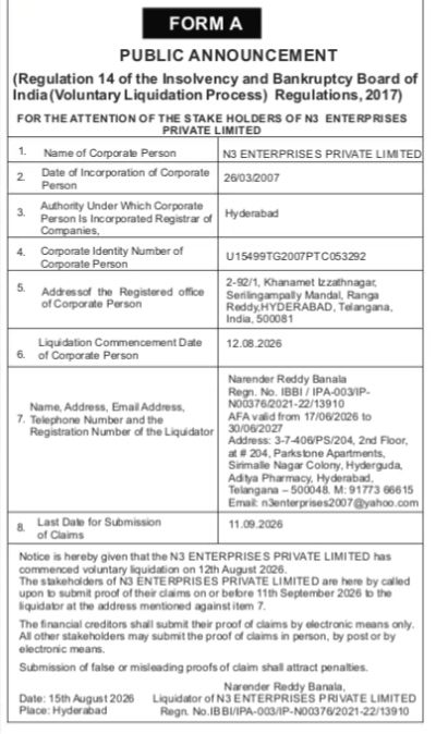 N3 Enterprises Private Limited: Voluntary Liquidation Public Announcement (Form A)