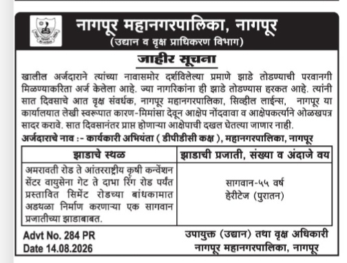 Nagpur Municipal Corporation Public Notice for Tree Felling Permission.