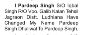 Name Change Advertisement-pardeep singh