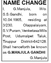 NAME CHANGE NOTICE - G. MANJULA