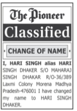 NAME CHANGE NOTICE -Hari Singh Dhaker