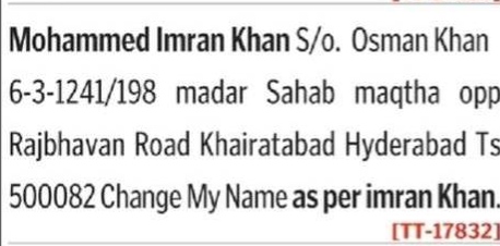 NAME CHANGE NOTICE - IMRAN KHAN