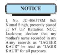 NAME CHANGE NOTICE - JAGEER KAUR