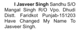 NAME CHANGE NOTICE - JASVEER SINGH SANDHU