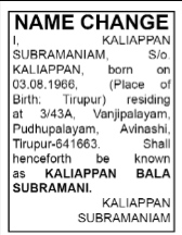 NAME CHANGE NOTICE -KALIAPPAN BALA SUBRAMANI