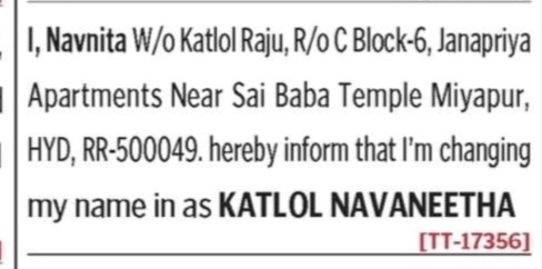 NAME CHANGE NOTICE -Katlol Navaneetha