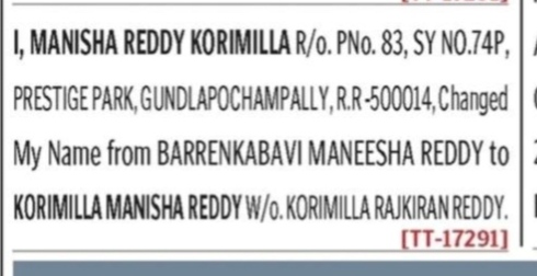 NAME CHANGE NOTICE -MANISHA REDDY KORIMILLA