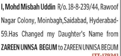 NAME CHANGE NOTICE - MOBAMMED MISBAH UDDIN