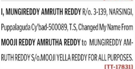 NAME CHANGE NOTICE - MUNGIREDDY AMRUTH REDDY