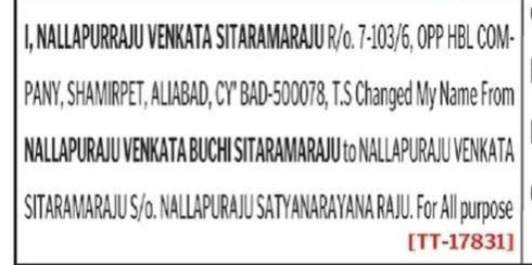 NAME CHANGE NOTICE -Nallapuraju venkata sitaramaraju