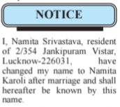 NAME CHANGE NOTICE - NAMITA SRIVASTAVA