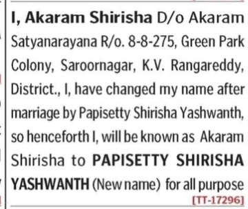 NAME CHANGE NOTICE - PAPISETTY SHIRISHA ASHWANTH