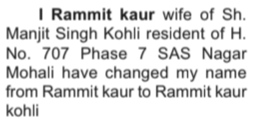 NAME CHANGE NOTICE - RAMMIT KAUR