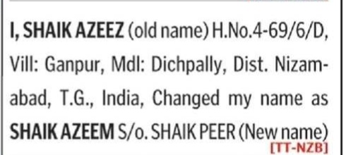 NAME CHANGE NOTICE - SHAIK AZEEZ