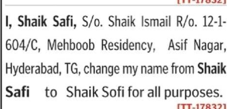 NAME CHANGE NOTICE - SHAIK SAFI