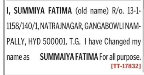 NAME CHANGE NOTICE - SUMAIYA FATIMA