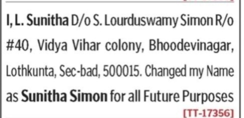 NAME CHANGE NOTICE - sunitha simon