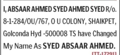 NAME CHANGE NOTICE -SYED ABSAAR AHMED