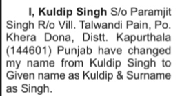 Name Change Public Notice-kuldip simgh