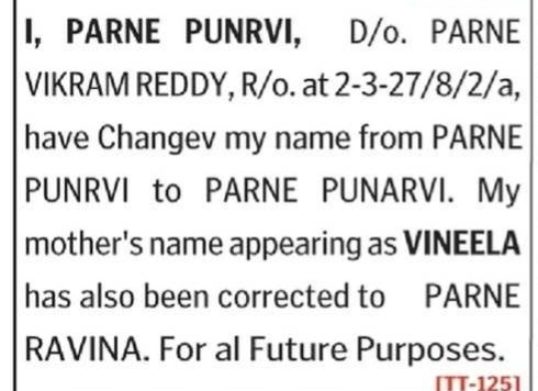 Name Correction Notice: Parne Punarvi