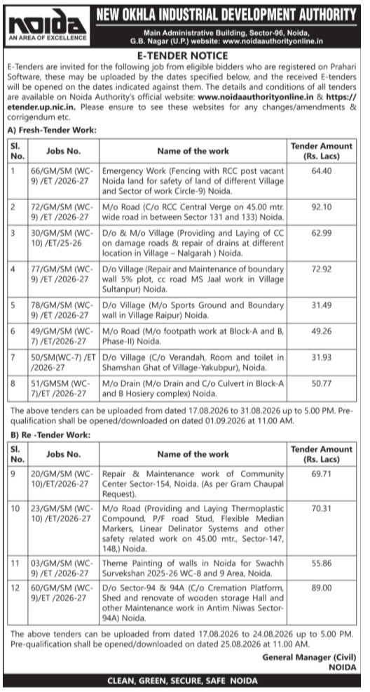 NOIDA Authority E-Tender Notice (August 2026)